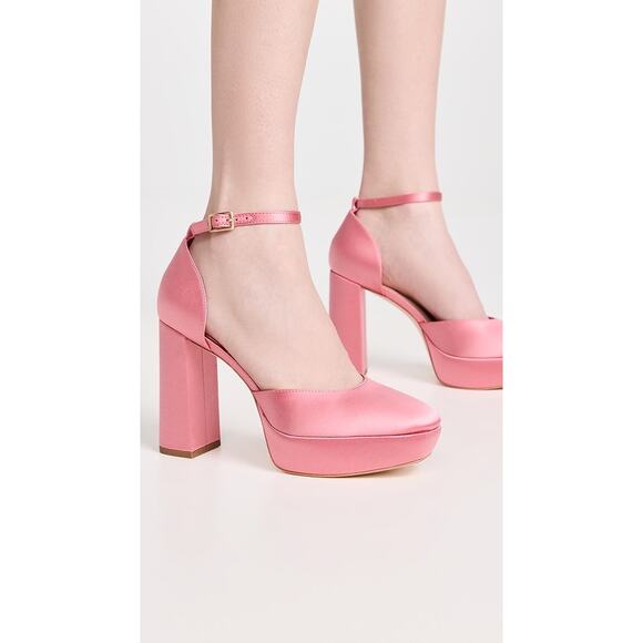 Loeffler Randall Selina Satin Closed Toe Ankle Strap Platforms Bubblegum Size 7B - Picture 1 of 12